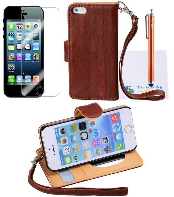 The Friendly Swede Basics - iPhone 5 5s PU Leather Stand Wallet Case with Makeup Mirror + Matching Stylus + Screen Protector + Cleaning Cloth