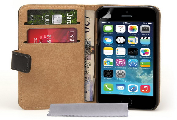 iPhone 5S Case Black Genuine Leather Wallet Cover