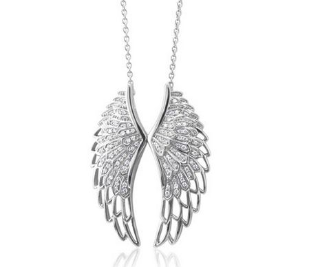 Sterling Silver Angel Feather Wing White Diamond Pendant Necklace