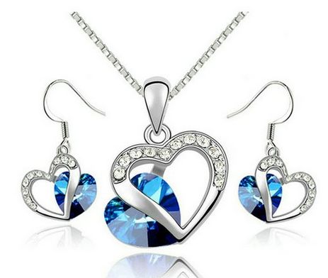 18k White Gold Plated Heart of Ocean Sapphire Necklace and Earring Set Valentine's Day gift