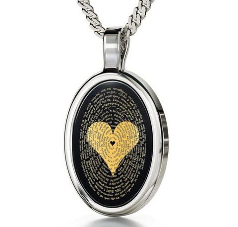 I Love You Necklace In 120 Languages Imprinted in 24kt Gold on Onyx Stone