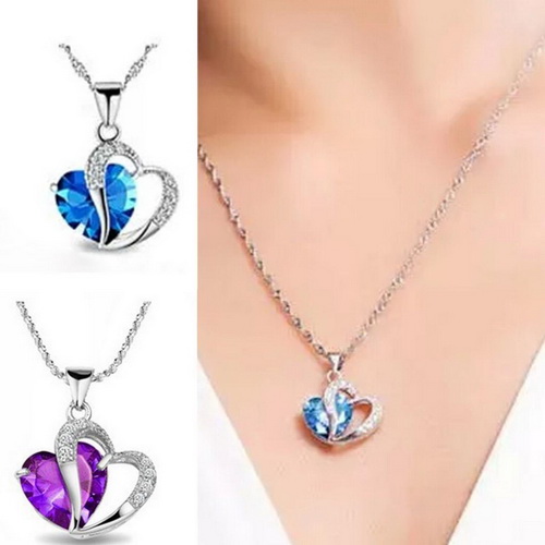 Sky blue- stylish artificial gem crystal love heart shape pendant chain necklace Sky blue- stylish artificial gem crystal love heart shape pendant chain necklace