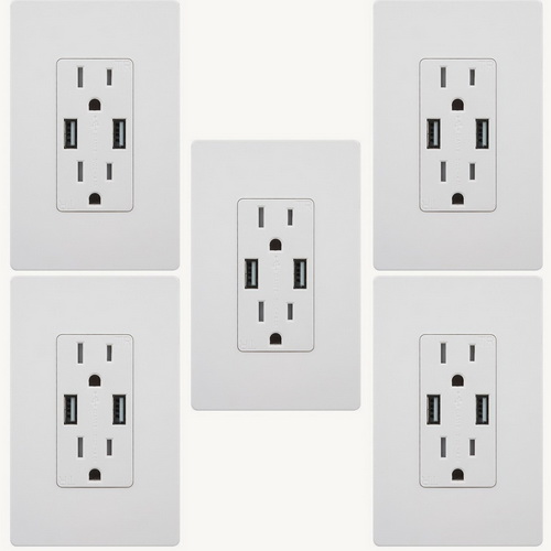 TOPGREENER TU2154A 4A High Speed USB Charger Receptacle 15A Tamper-Resistant Outlet w 2 Wall Plates, 5-Pack White
