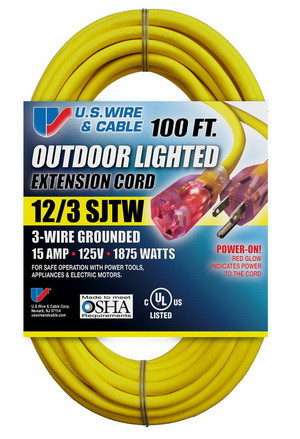 US Wire 74100 12/3 100-Feet SJTW Yellow Heavy-Duty Lighted Extension Cord