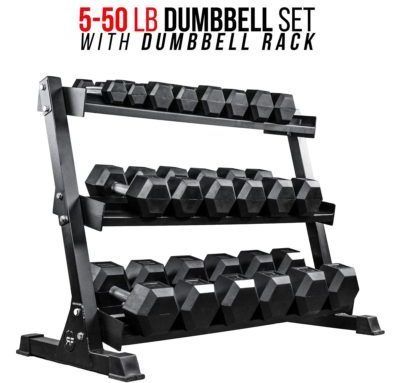 Rep Rubber Hex Dumbbell Set with Rack, 5-50 Dumbbell Set, 5-75 Dumbbell Set, or 5-100 Dumbbell Set