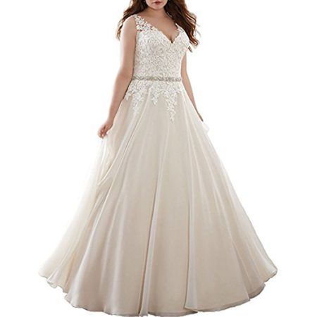 Alanre Bridal Gowns with Crystal Belt A-Line Lace Wedding Dress for Plus Size Bride