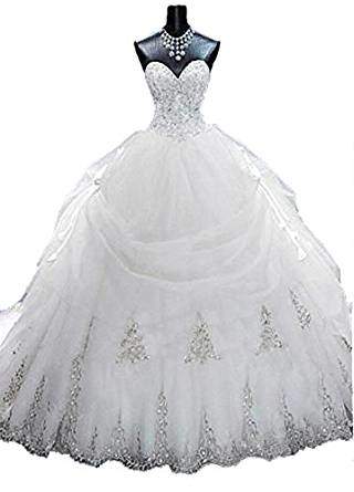 Lovelybride Gorgeous Beaded Gold Appliques Puffy Wedding Ball Gown with Long Train