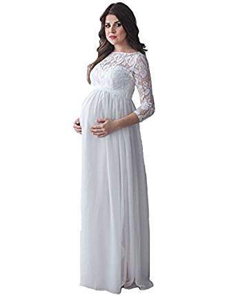 Sunnygirls Women Elegant Lace Long Sleeves Pregnant Wedding Dress With Sash Back