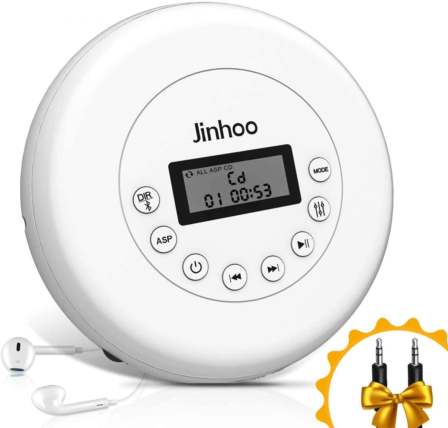 Jinhoo Bluetooth Portable CD Player with Wired Earbuds