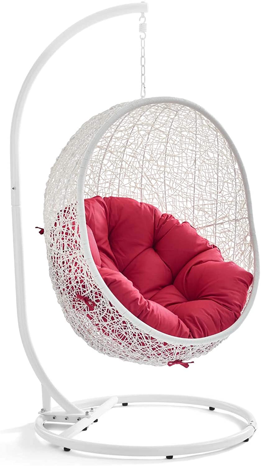 Modway EEI-2273-WHI-RED Hide Wicker Rattan Outdoor Patio Porch Lounge Egg Set