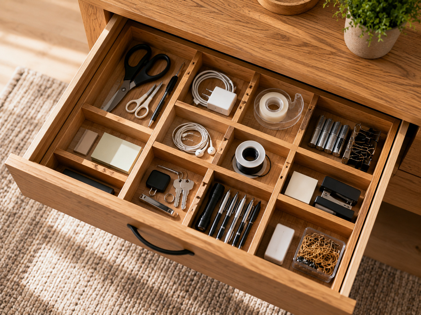 Adjustable wooden dividers organizing items inside a home drawer