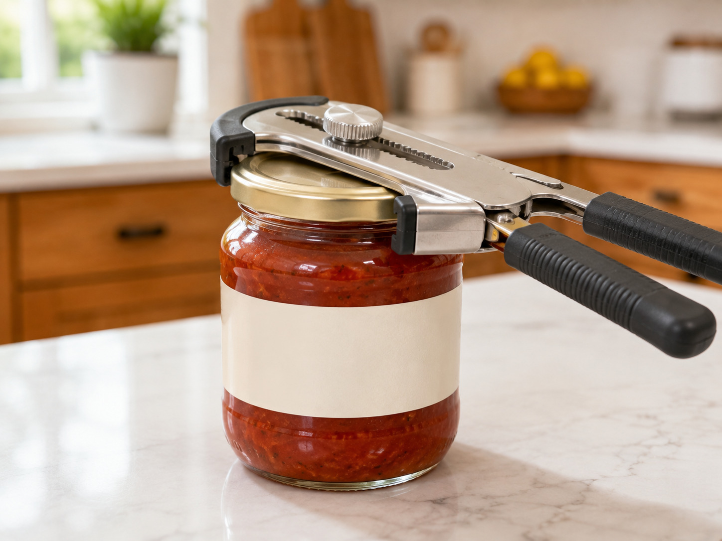 Adjustable kitchen jar opener gripping the lid of a glass jar