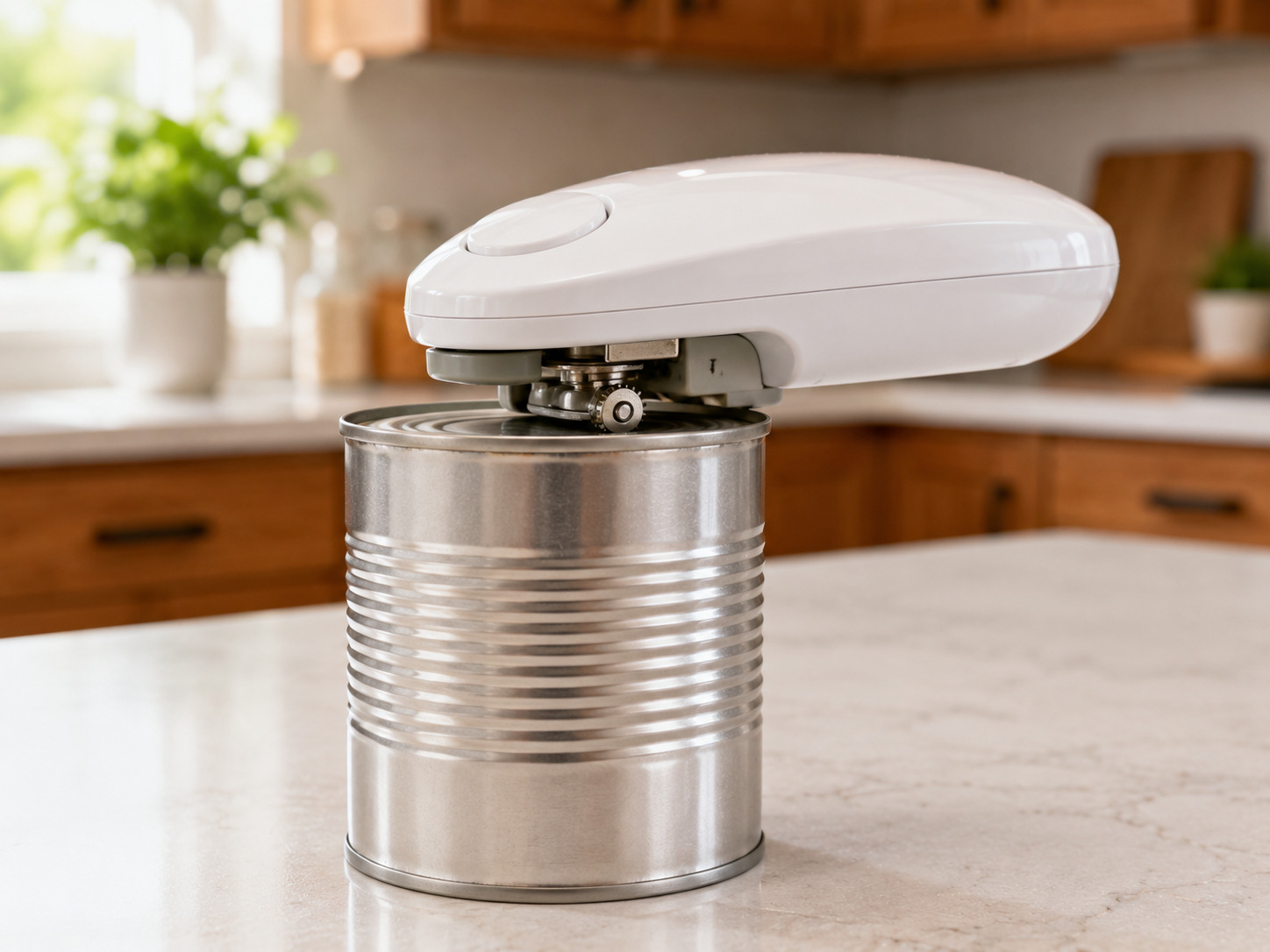 Compact automatic can opener positioned on a metal food can