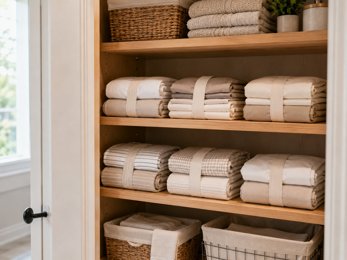 Bed sheet organizer bands keeping folded bedding neat in a linen closet