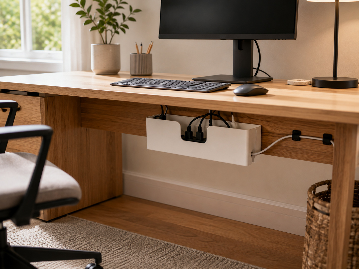 Cable management box organizing power cords underneath a home office desk