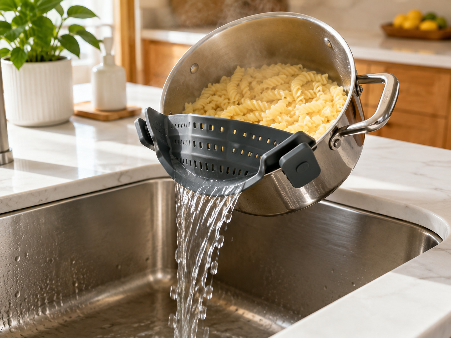 Clip-on pot strainer draining cooked pasta over a kitchen sink