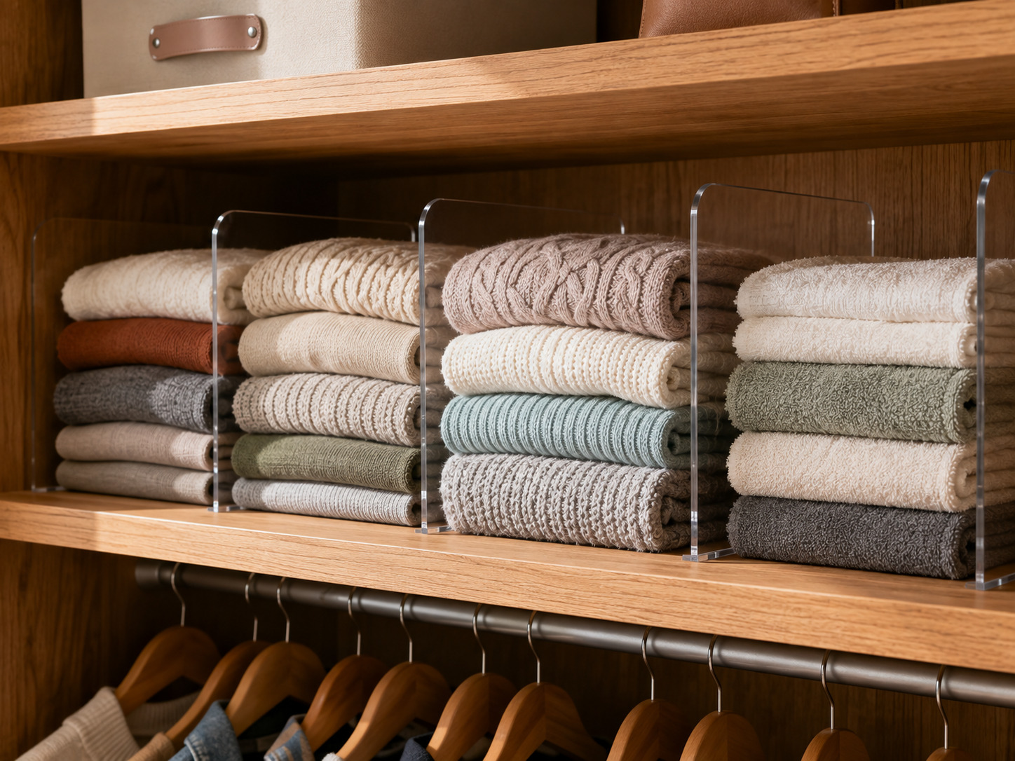 Shelf dividers separating folded clothes inside an organized closet