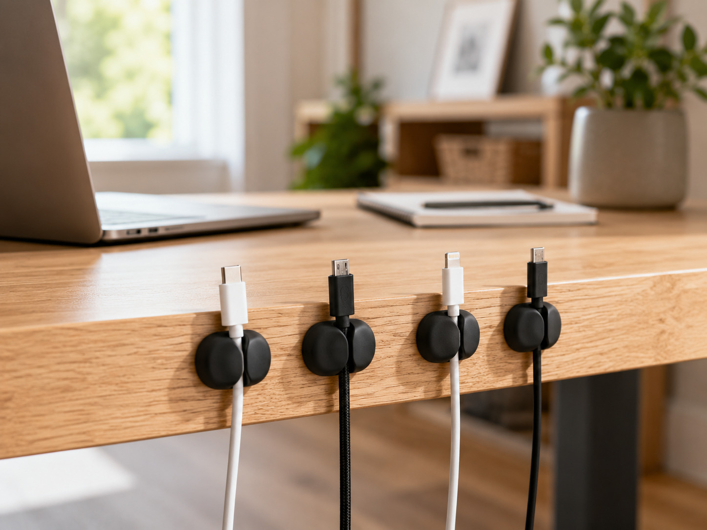 Cord holder clips organizing charging cables on a wooden desk