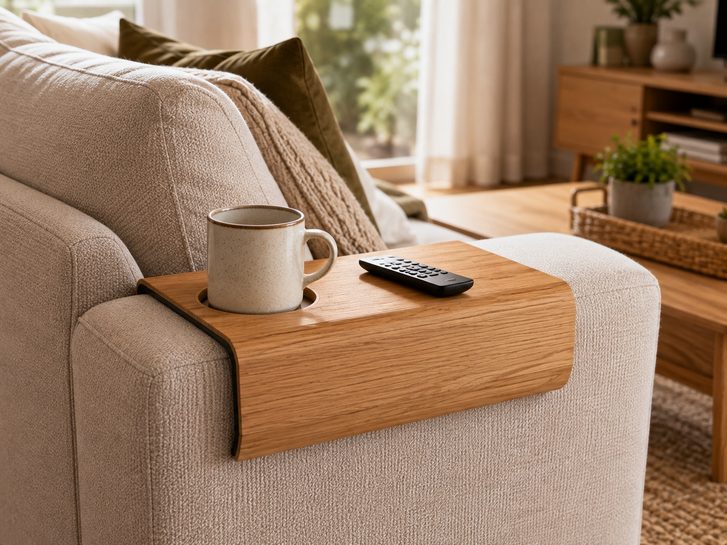 Wooden couch arm tray holding a drink and remote control
