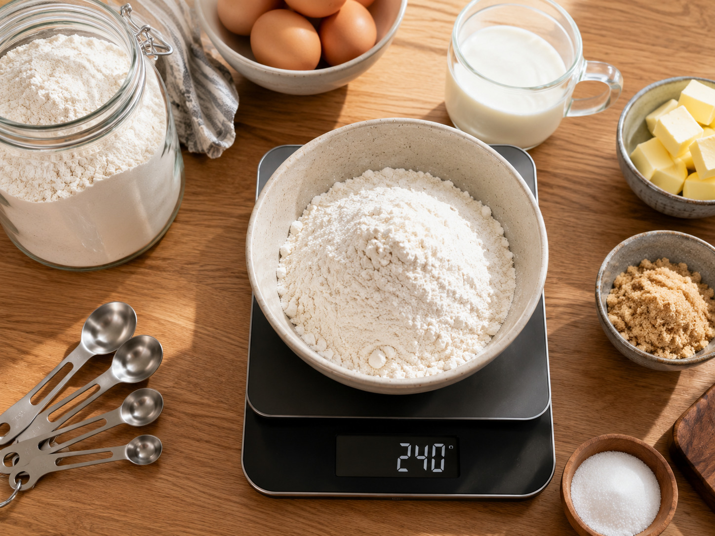 Digital kitchen scale weighing flour in a bowl for baking