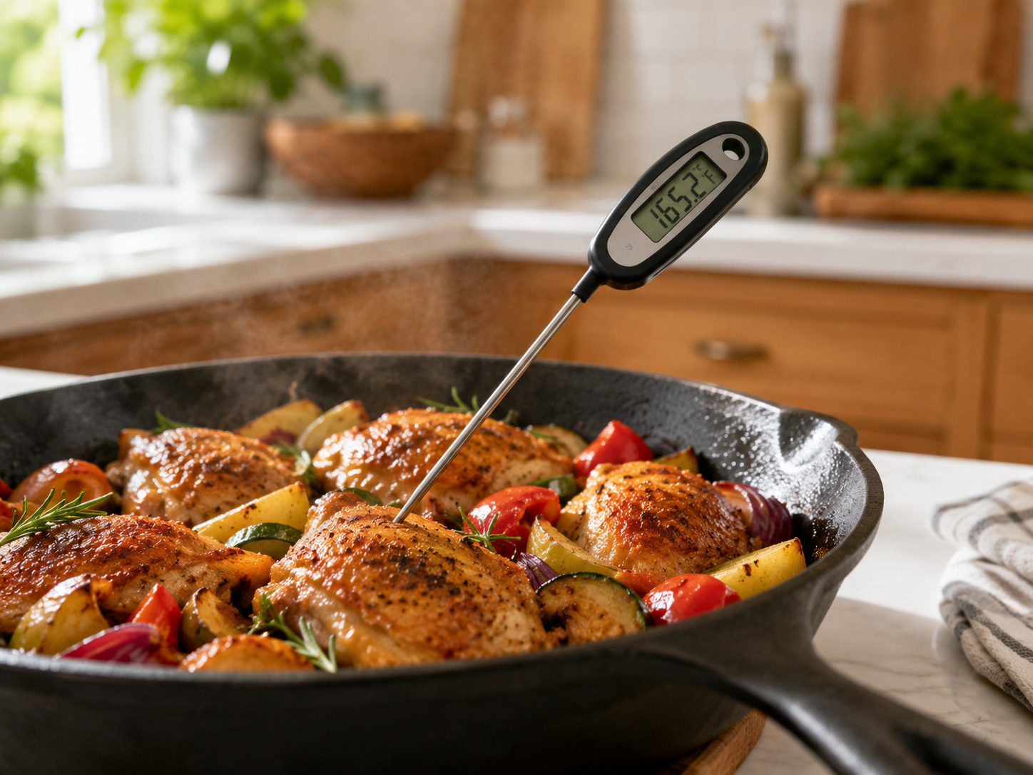 Digital meat thermometer checking cooked chicken in a skillet
