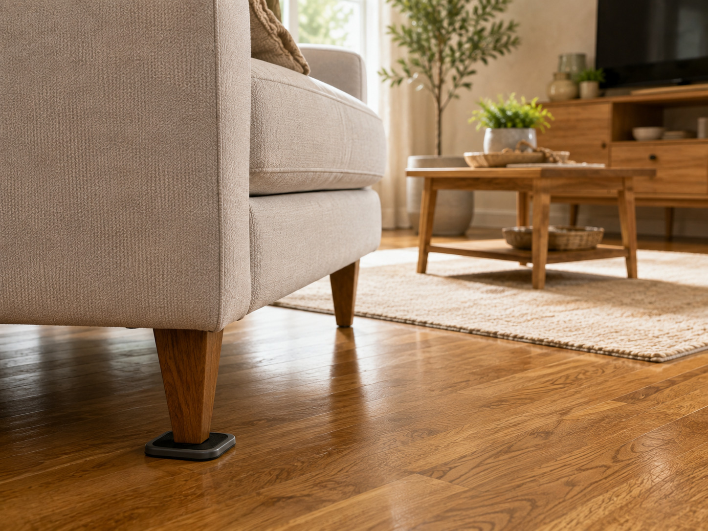Furniture slider positioned beneath a sofa leg on a hardwood floor