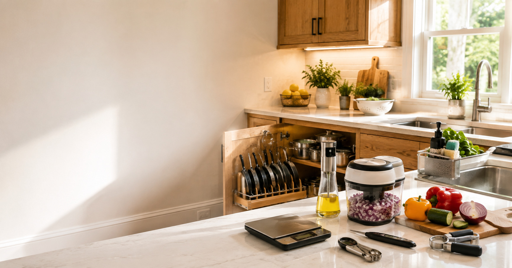 Genius kitchen gadgets arranged in a bright modern kitchen
