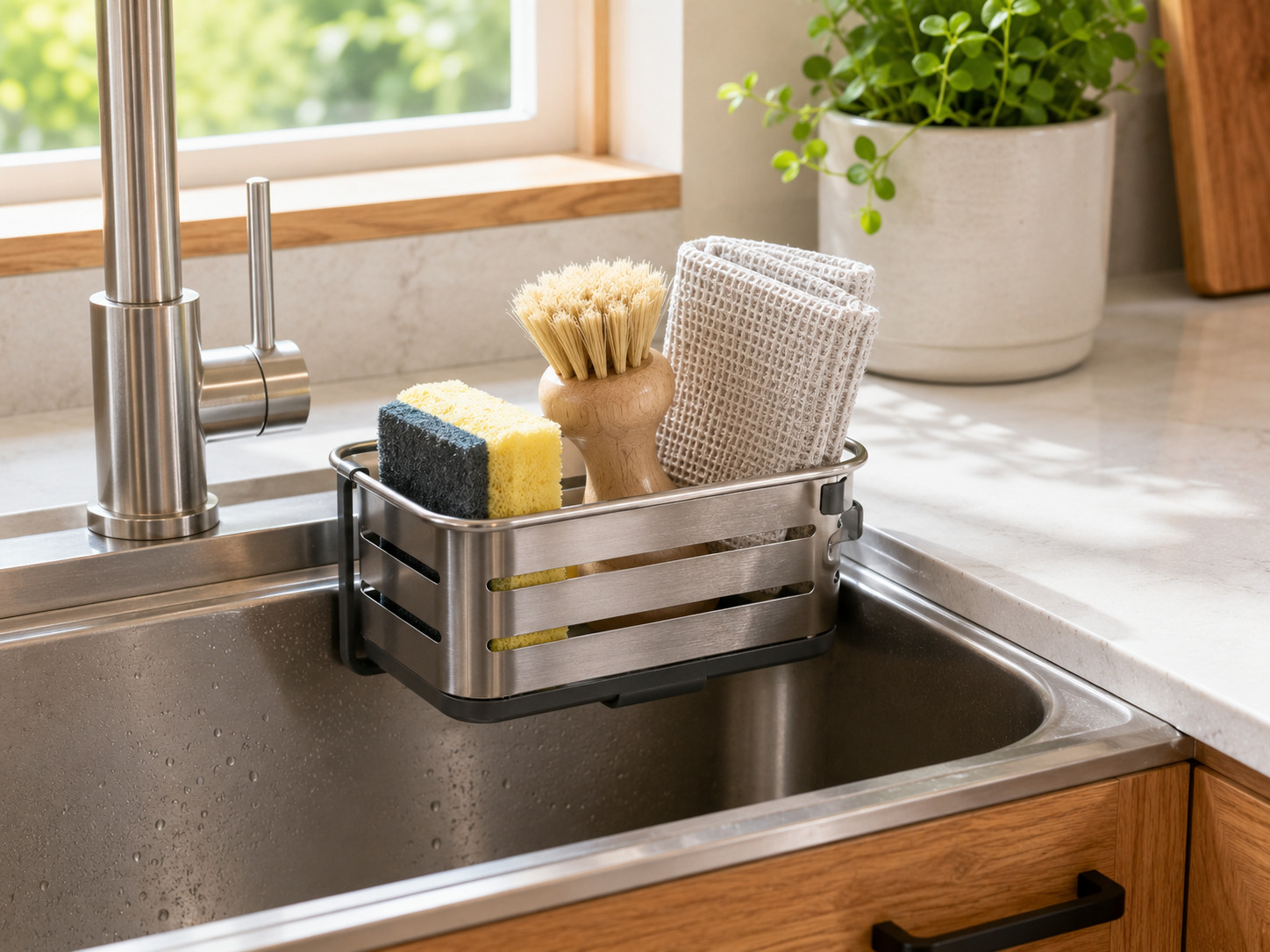 Kitchen sink caddy organizing a sponge, dish brush and cleaning cloth