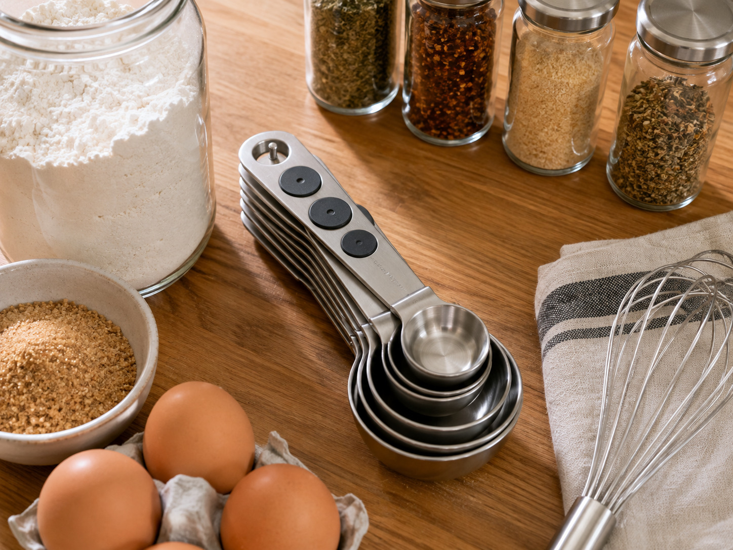 Magnetic measuring spoons stacked beside baking ingredients and spice jars