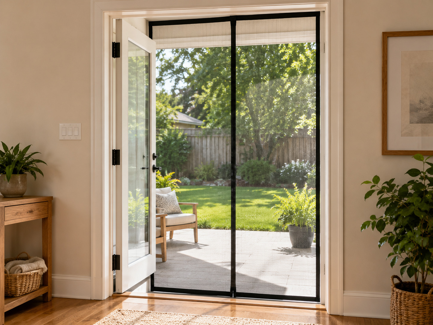 Magnetic mesh screen installed across an open patio doorway