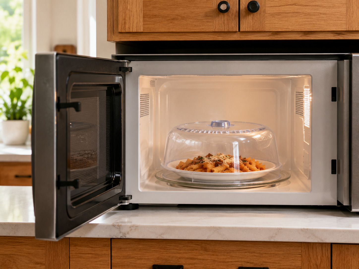 Microwave splatter cover over a plate of food inside a clean microwave