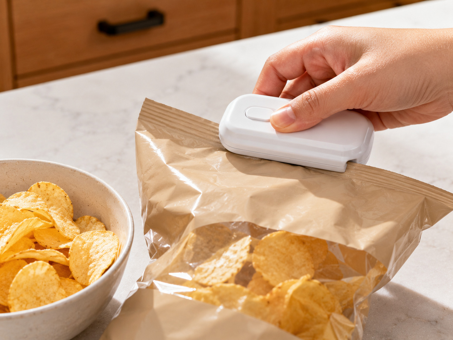 Handheld mini bag sealer closing a snack bag on a kitchen counter