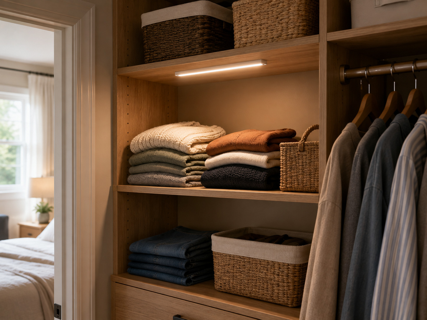 Motion-sensor light illuminating an organized bedroom closet