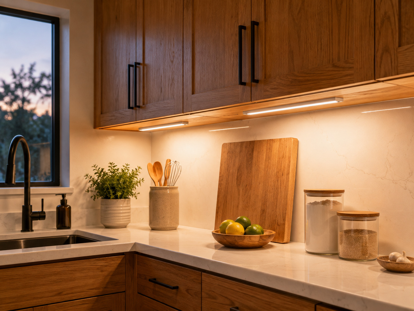 Motion-sensor under-cabinet lights illuminating a modern kitchen countertop