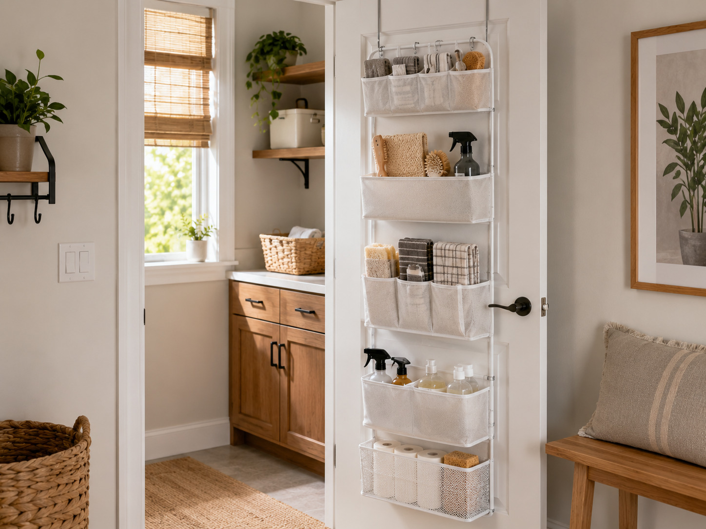 Over-the-door organizer providing extra storage in a small utility room