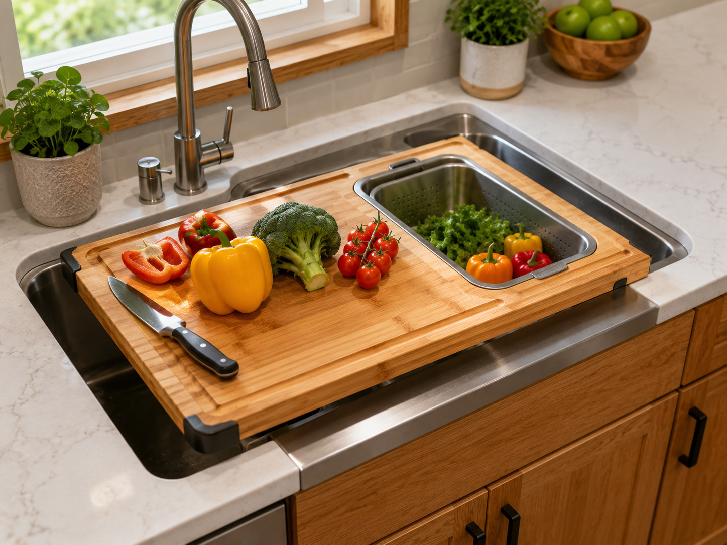 Wooden over-the-sink cutting board with fresh vegetables and colander