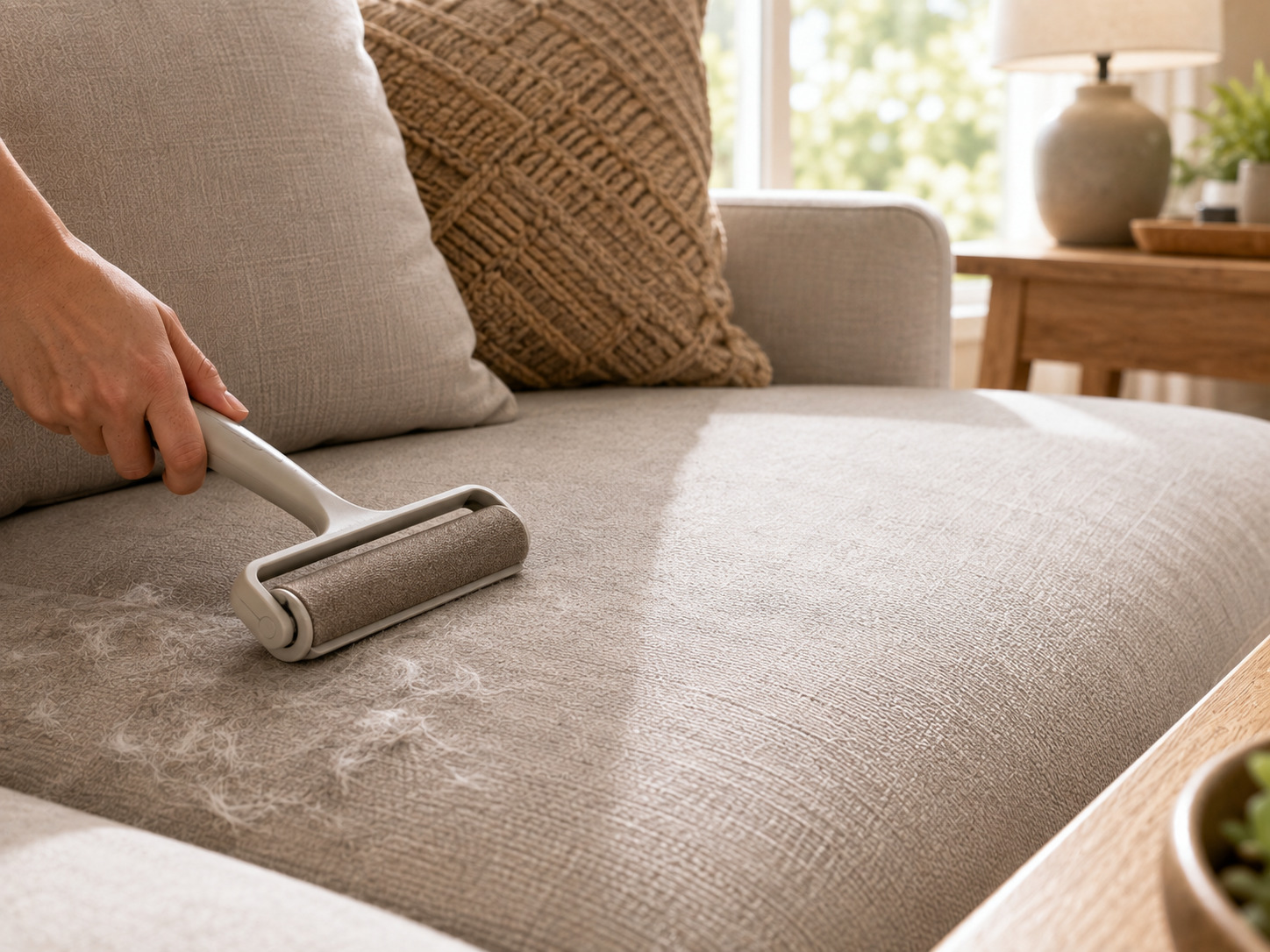 Reusable pet hair remover cleaning loose fur from a fabric sofa