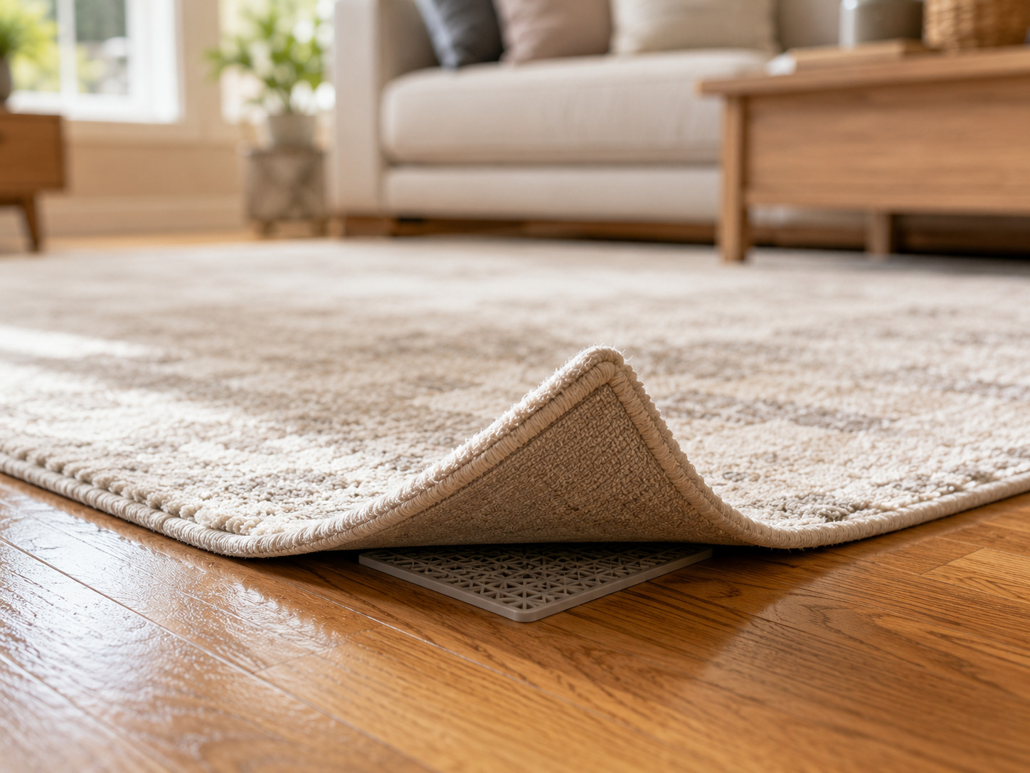 Rug corner gripper holding an area rug flat on a hardwood floor