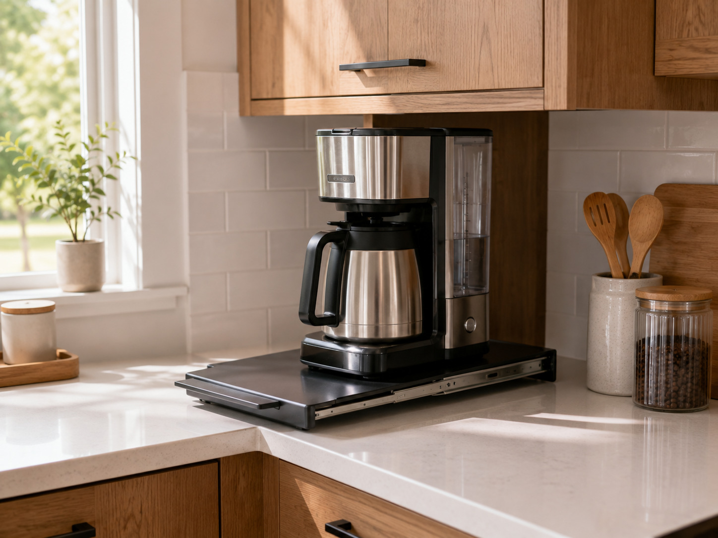 Sliding appliance tray underneath a coffee maker on a kitchen counter