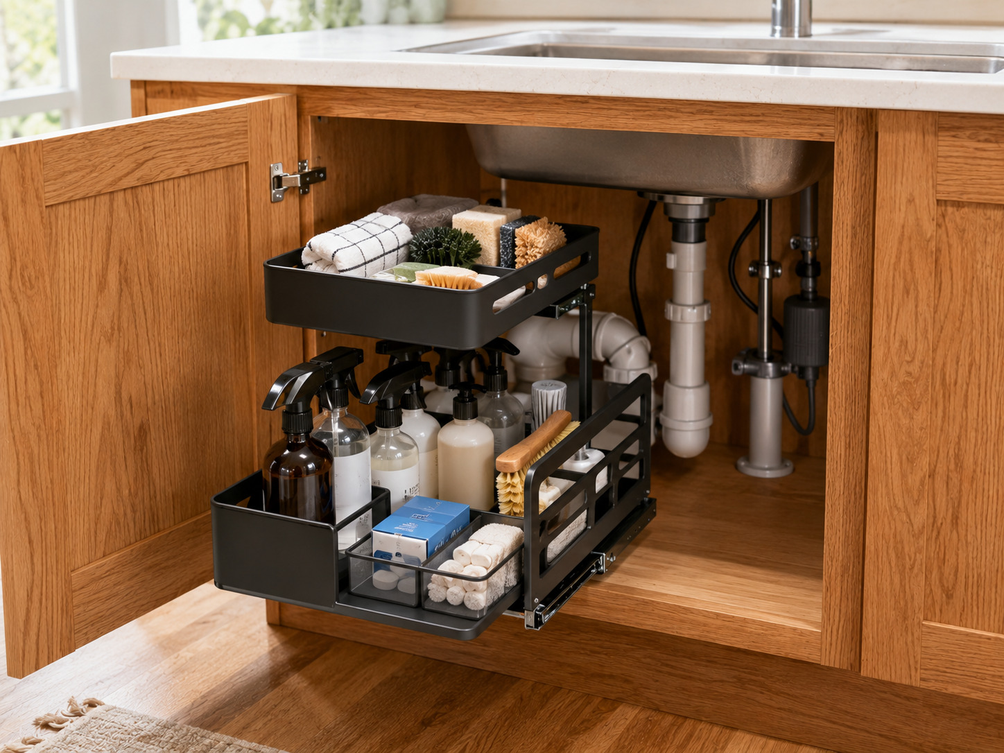 Two-tier pull-out organizer storing cleaning supplies under a kitchen sink