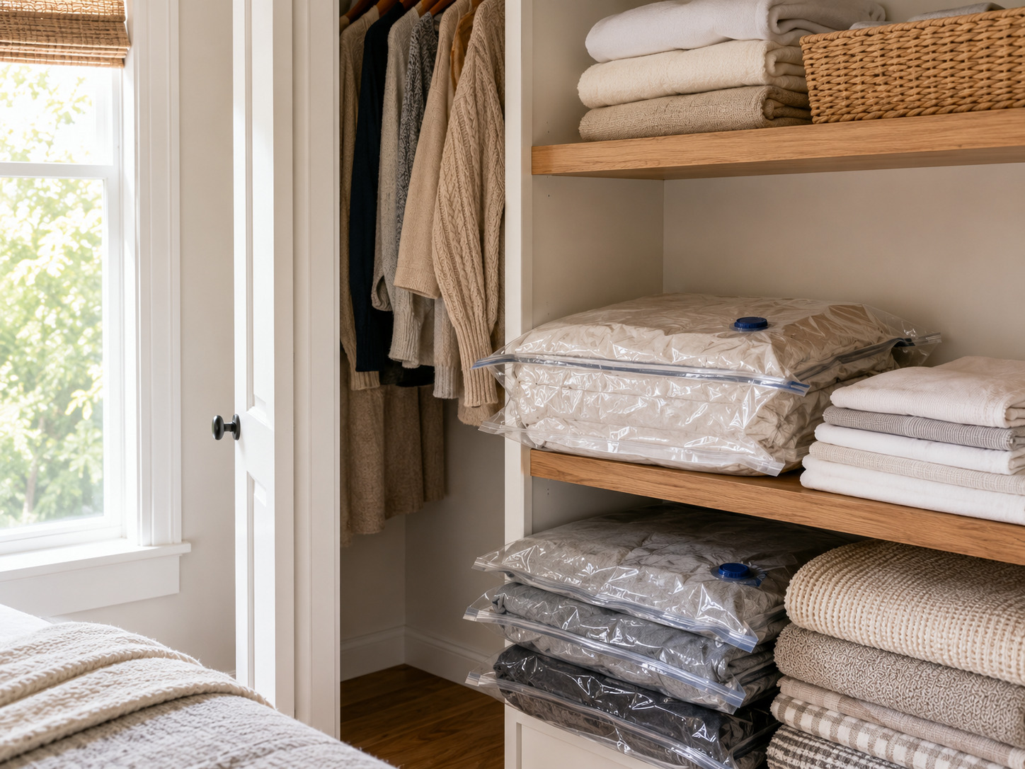 Vacuum storage bags compressing blankets and bedding inside a closet