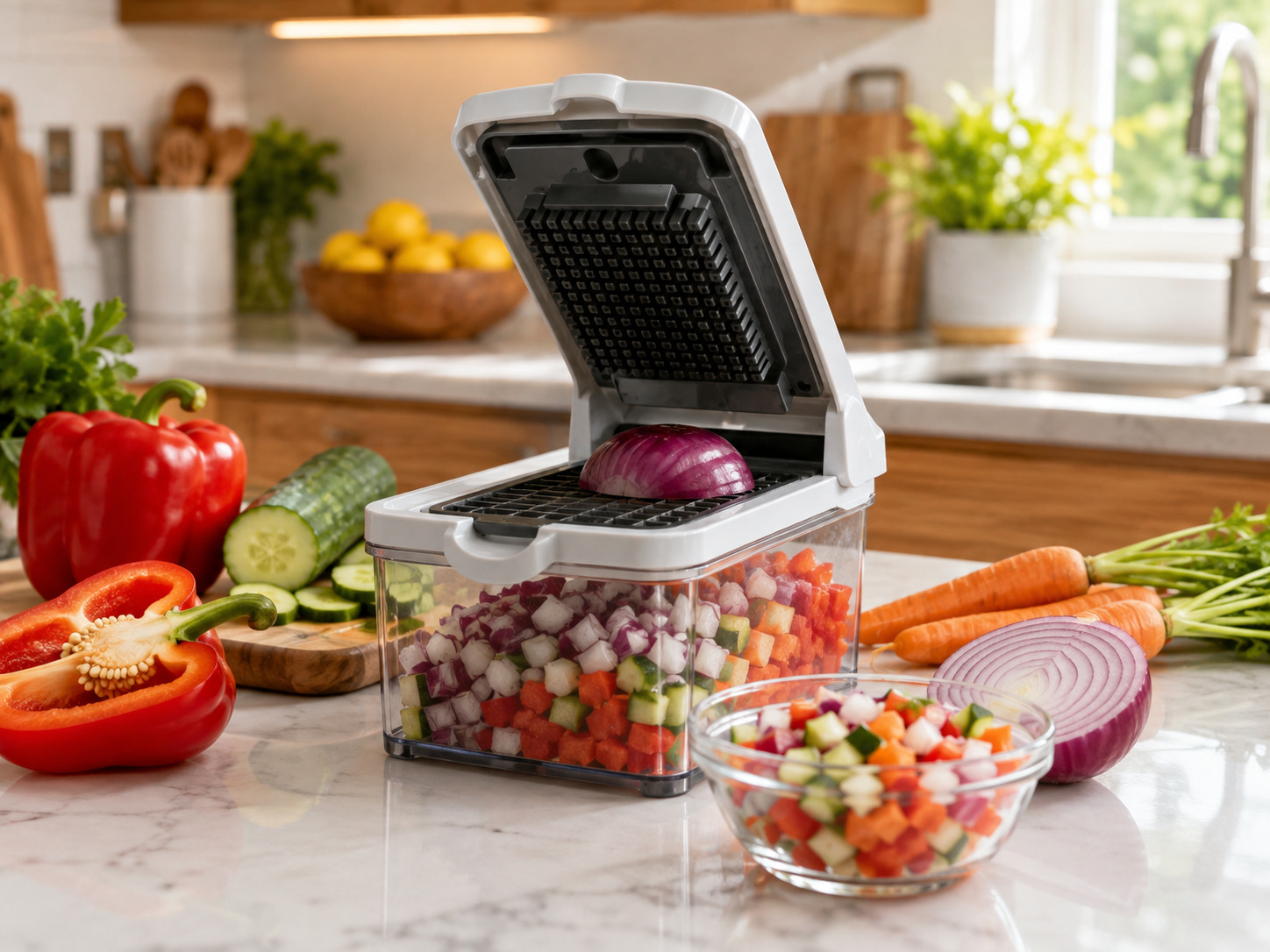Vegetable chopper with freshly chopped vegetables in a modern kitchen